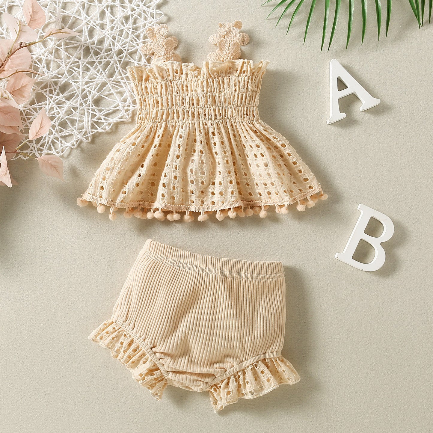 Cotton Mesh Apricot Lace Baby Romper Set