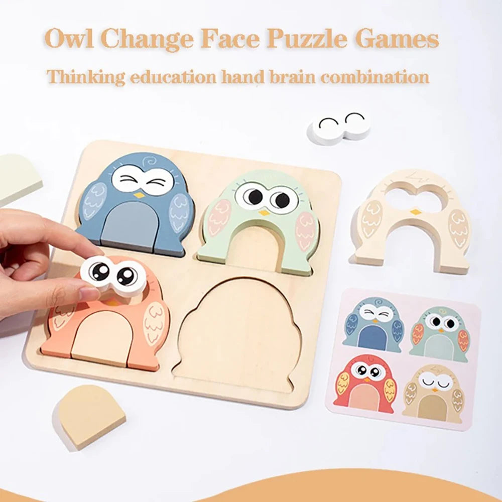 Owl Face Changing Puzzle - Wooden Color & Shape Matching Toy
