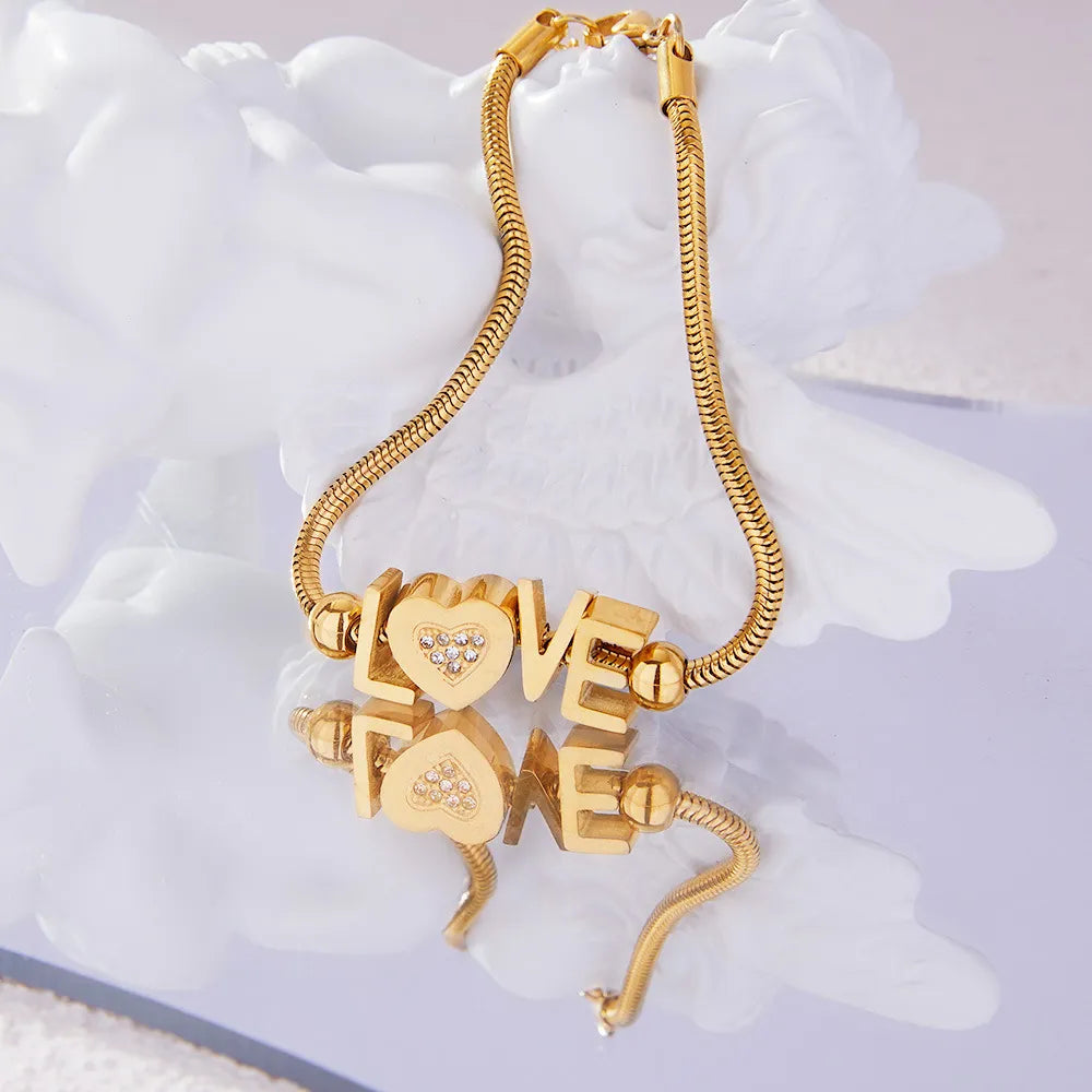 Gold Letter Bracelet with Rhinestones – Titanium Steel