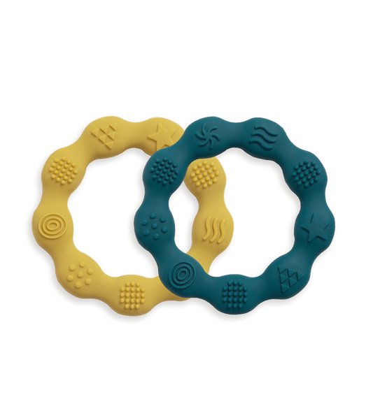 Set of 2 Silicone Teething Rings – Blue & Mustard