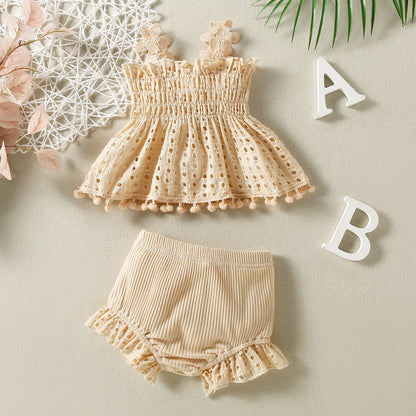 Cotton Mesh Apricot Lace Baby Romper Set