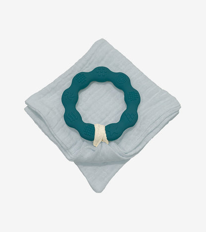 Teething Ring with Muslin – Teal Blue