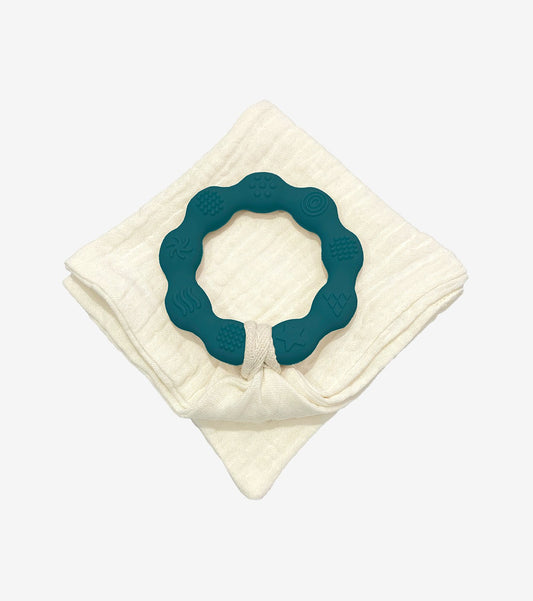 Teething Ring with Muslin – Teal Blue
