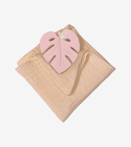 Pink Leaf Teething Ring with Comfort Cloth