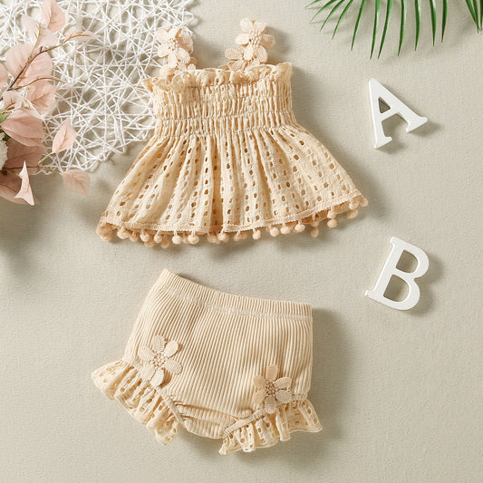 Cotton Mesh Apricot Lace Baby Romper Set